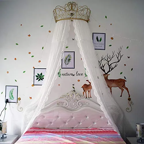 GE&YOBBY Letto A Baldacchino Principessa,Bianco Pizzo Cortina di Letto di Chiffon Drapery Decorativo Corona di Metallo con Luci A Stelle per Camera da Letto Ragazze-Bianca 2.0m