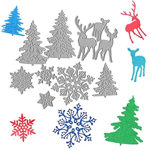 FunMove, fustelle in metallo a forma di fiocco di neve, albero di Natale, cervo, stencil per scrapbooking, carta fotografica, goffratura, confezione da 10