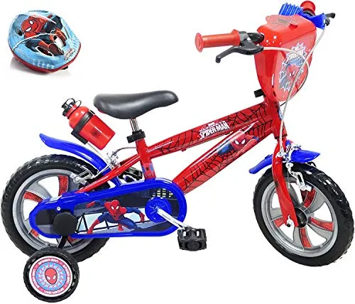 Vélo, Bicicletta 12'" bambini da 2 a 4 anni dotata di 2 freni, borraccia e porta bidone, piastra anteriore decorativa, 2 stabilizzatori + casco Spiderman inclusi, rosso