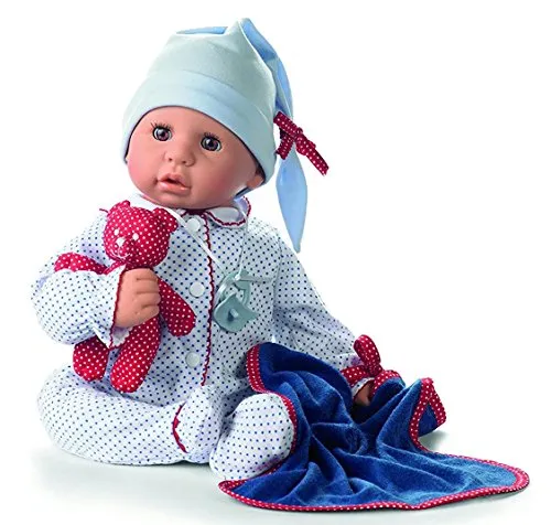 Götz 1161034 Bambola Cookie tutina a pois blu - bambola bebè alta 48 cm con occhi marroni che si chiudono, senza capelli, corpo morbido - set 6 pezzi