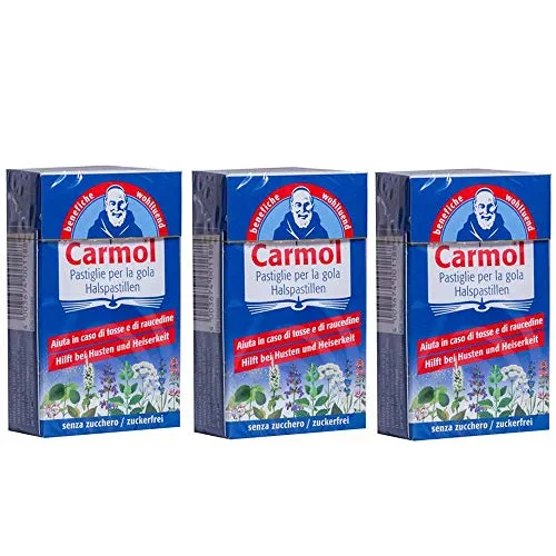 3x Carmol - Pastiglie per la gola senza zucchero - 45 g - Caramelle per il respiro, tosse, raucedine, vie respiratorie - Confezione da 3 pacchetti da 45 g + in OMAGGIO 2 Tisane Funzionali Viropa