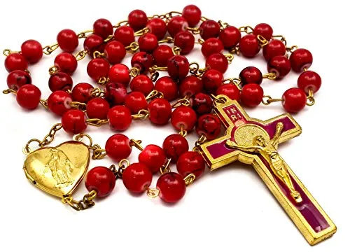 Nazareth Store Collana con rosario di perle di corallo rosso Cattolico San Benedetto Coroncina medaglione medaglione e croce Amuleto religioso per donna e uomo - Borsa in velluto