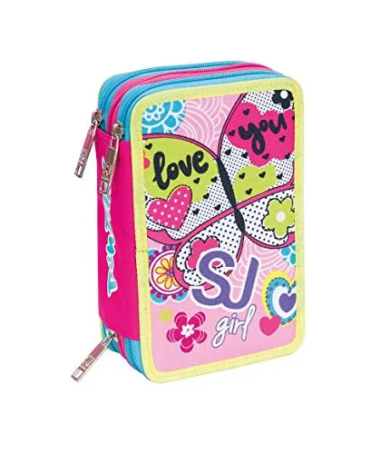 ASTUCCIO scuola SEVEN - SJ GIRL - Rosa - 3 scomparti - pennarelli matite ecc.