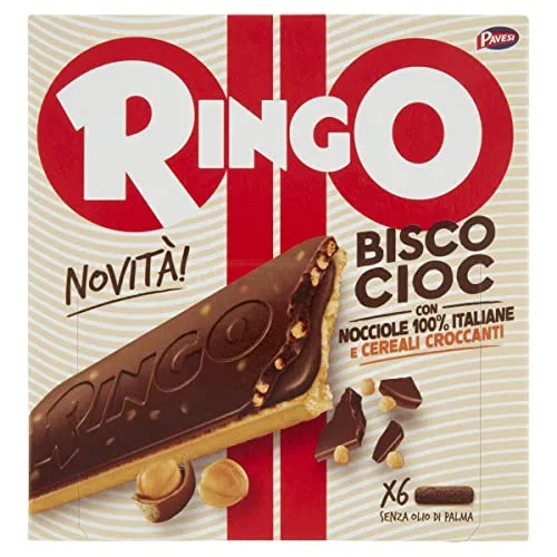 Pavesi Ringo Bisco Cioc Nocciole, Biscotto Ripieno di Crema con Nocciole Italiane 100% e Copertura di Cioccolato per Snack Dolce e Gustoso per la Merenda - Confezione da 6 Snacks - 162 g