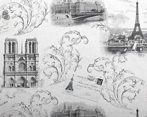 Carta da parati romantica EDEM 9050-10 Carta da parati tnt Parigi Torre Eiffel Notre Dame goffrata shabby chic scintillante bianco grigio 10,65 m2