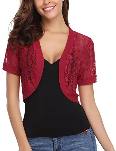 Abollria Bolero Donna Elegante a Ricamo per Cerimonia Bolerino con Pizzo Shrug per Sposa Coprispalle a Maniche Corte Cardigan Corto Estivo (Rosso/Versione Nuova, XL(IT 46))