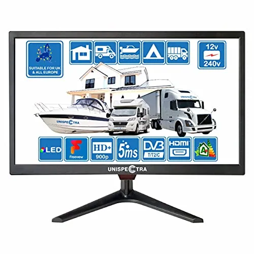 19 Pollici (48cm) 12V / 240V HD+ LED Digitale TV DVB-T/T2 (Visione gratuita) HDMI VGA USB PVR & Media Player Ideale per Casa, Camper, Barca, Campeggio, Camion da Unispectra® (TV)