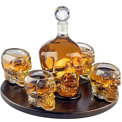 KANGLES Decanter a Forma di Teschio con 4 calici da tiro e Bellissima Base in Legno - Utilizza la Coppa a Testa di Cranio per Un Bicchierino di Whisky, Scotch e Vodka