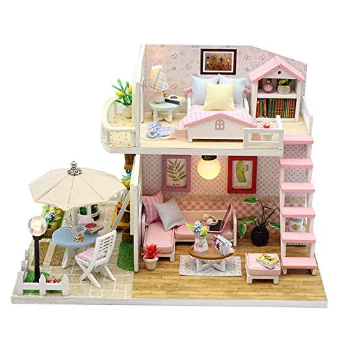 HNCS Casa delle Bambole in Legno di Design Fai-da-Te,Miniatura di Mobili A Mano Creativa in Scala 1:24 Loft Rosa con Mobili Luci E Le Scale Princess Cabin Regali di Compleanno per Ragazze