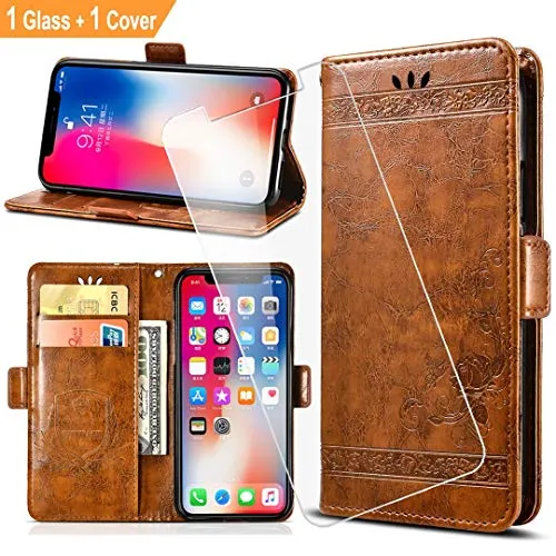 QFSM Marrone Custodia + Vetro Temperato per Alcatel 1S 2019,Protettiva in Pelle PU Retro Embossed Custodia Bookstyle Flip Case Cover Shell Portafoglio (Wallet Purse) with Vetro Pellicola Glass