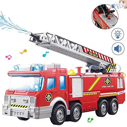 BAKAJI Camion dei Pompieri Giocattolo per Bambini a Batteria con Pompa Spruzza Acqua Braccio Allungabile e Girevole Sirena Luci Suoni e Movimento Mistero Bump e Go Dimensione: 24 x 6 x 9 cm