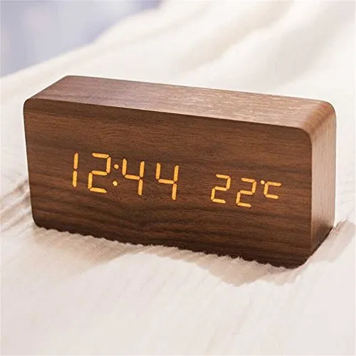 Queta - Sveglia digitale a LED, in legno, con data, temperatura, umidità, 12/24 ore, colore marrone, 150/60/40 mm