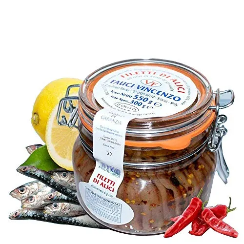 FILETTI DI ALICI ALL'OLIO DI GIRASOLE E PEPERONCINO IN VASI DA 550 gr ACCIUGHE