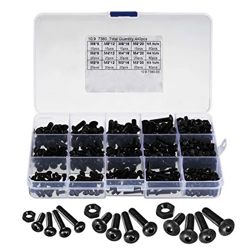 HUIJUNWENTI 440pcs M3 M4 M5 Vite Lega e Button Nuts Combinazione Kit d'Acciaio a esagono Incassato Viti a Testa Bulloni Dadi Set (Color : Black)