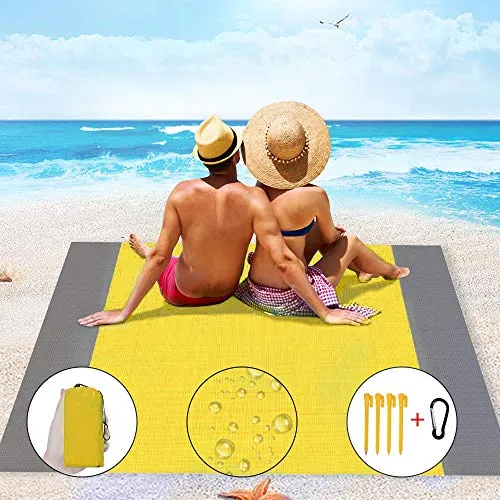 IvyLife Coperta da Spiaggia Picnic Portatile Impermeabile 210 x 200 cm Telo Tappeto da Spiaggia Montagna Campeggio All'aperto Escursionismo Viaggi Giardino con 4 Picchetti Anti Sabbia (Giallo)