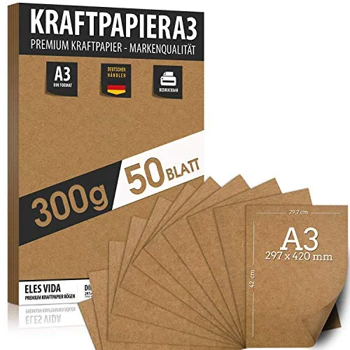 Carta Kraft A3-300 G - 42 x 29,7cm, preciso formato DIN – Carta & cartone naturale in fogli per fai da te, carta vintage, per matrimonio regali e etichette (50 fogli)