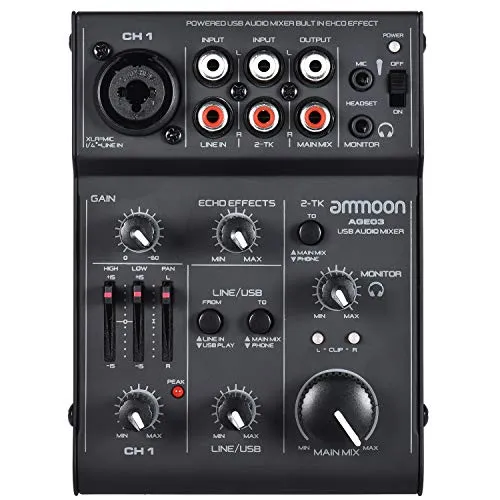 ammoon Consolle Mixer 5-Channel Mini Mic-Line Console di Mixaggio Mixer con USB Interfaccia Audio Effetto Eco Incorporato USB Alimentato per la Registrazione di DJ Rete in Diretta Trasmetti Karaoke