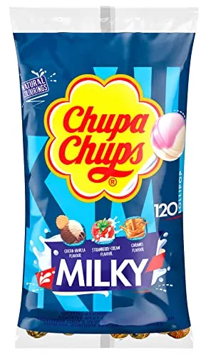 Chupa Chups Lecca Lecca Milky, Lollipop Assortiti Aroma Cacao e Vaniglia, Panna Fragola e Caramel, Busta da 120 Lollipops Monopezzi