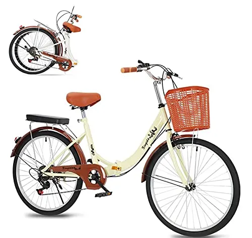 XQIDa durable Bicicletta da donna, 24 pollici, da città, da donna, da uomo, da città, retrò, vintage, con cambio a 6 marce, sistema di chiusura rapida, pieghevole, luce posteriore, cestino, campana