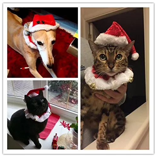 Set di collare e cappello di Natale per piccoli animali domestici, con campanella, costume di Natale per cani e gatti, caldo, morbido, delizioso