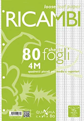 Pigna 00629064M, Ricambio non rinforzato, Rigatura 4M, quadretti 4 mm per 4° e 5° elementare medie e superiori, Carta 80g/mq, Pacco da 80 Fogli