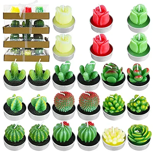 PUDSIRN - Set di candele a forma di cactus, fatte a mano, delicate candele a forma di cactus succulente, per feste, festival, compleanni, matrimoni, decorazioni per la casa (24 pezzi)