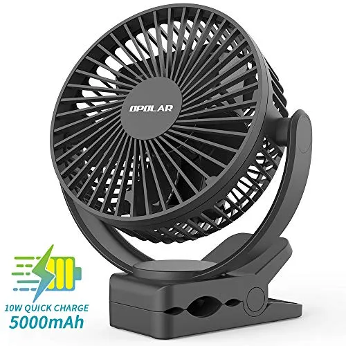 OPOLAR - Ventilatore Ricaricabile da 5000 mAh con Clip - Ventola Personale Portatile da Tavolo, Ricarica Rapida da 10 W, 3 velocità, Clip Resistente per Passeggino, Tapis roulant, Carrello da Golf