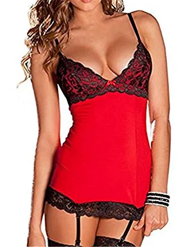 Befox Donne Lingerie Sexy Strappy Pizzo Chemise Mini Abito Babydoll Biancheria Intima Pigiameria con G-String