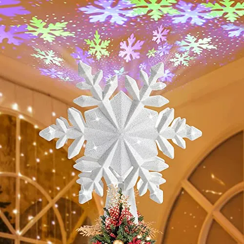bedee Albero di Natale Stella, per Albero di Stelle con Luce per Proiettore LED Topper, Stella Superiore dell'albero di Natale con Proiezione Luce Dinamica 3D Rotanti a Fiocchi di Neve (Argento)