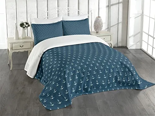 ABAKUHAUS Ancora Set Copriletto Trapuntato, Nautical semplice Classic, Decorativo, 3 Pezzi con 2 Federe Cuscini, 264 x 220 cm, Blu