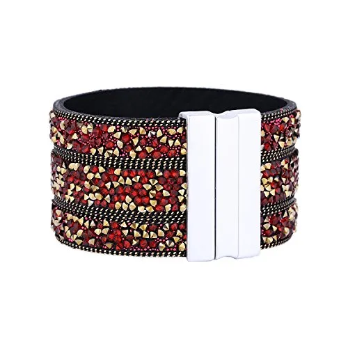 Morella Bracciale Donna Largo Decorato con zirconi e Strass e con Chiusura Magnetica Color Oro e Rosso