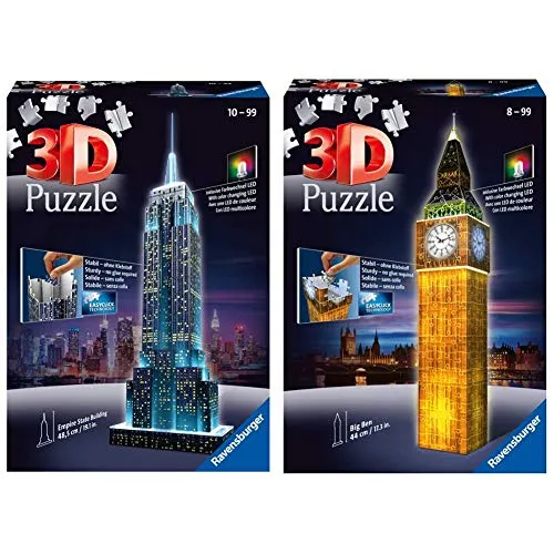 Ravensburger Puzzle 3D Empire State Building-Edizione Speciale Notte, 216 Pezzi, Colore Nero, 12566 1 & Ravensburger-12588 Big Ben Puzzle 3D Edizione Speciale Notte, 216 Pezzi, 12 588 3