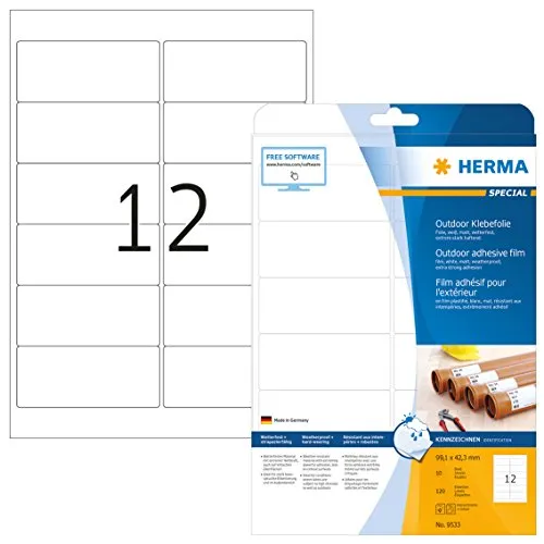 HERMA Etichette Impermeabili, 99,1 x 42,3 mm, Etichette Adesive A4 per Stampante, 12 Etichette per Foglio, Bianco