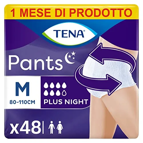 Tena Pants Plus Night, Taglia Media (M), Pacco Scorta Mensile - Mutandine Assorbenti, Elasticizzate e Monouso, per Perdite Urinarie, Unisex, Discrete e Confortevoli, 4 confezioni x 12 pezzi