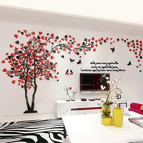 Albero Adesivo da Parete, Fai da te 3D Adesivi Murali Wall Stickers Con Alberi e Uccelli Arts Decorazioni domestiche (S-200 * 100cm, Rosso+Nero, Sinistra)