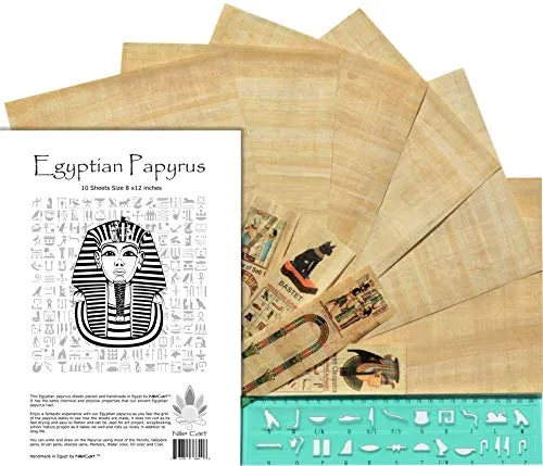 Nilecart papiro egiziano, fogli bianchi, 8 x12 in con Hieroglyphic alfabeto stencil Ruler & segnalibri 10 Sheets