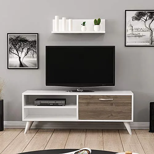 Homemania Mobile Porta TV Party Moderno - con Anta, Ripiani - da Salotto - Bianco in Legno, 120 x 29,7 x 48,6 cm