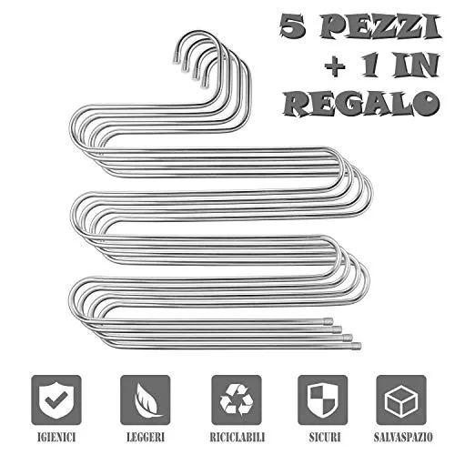 SimplyTidy Appendipantaloni Salvaspazio, Appendini Multiuso In Acciaio Inossidabile , Grucce Organizer Appendiabiti Per Pantaloni, Asciugamani, Sciarpe, Cravatte, Set Da 6 Pezzi