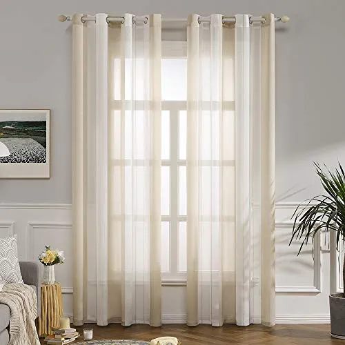 MIULEE Due Tende a Righe per Interni, Tende Trasparenti in Voile Tende Camera da Letto, Tenda Salotto Moderne con Anelli, Tenda a Pannello da Interno Finestra a Righe Bianche e Beige, 140x260 CM