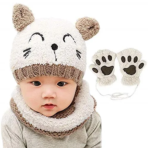 CMTOP 3 Pezzi/Set Bambino Cappello Inverno Sciarpa e Guanti Infantile Berretto a Maglia Caldo con Sciarpa a Cerchio Scaldacollo e Guanti Set Unisex Invernale del con la Bebè Maschietto Ragazza (Beige)