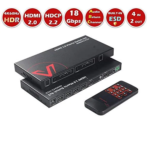 AV Access HDMI Matrix Splitter Switch 4x2 4K@60Hz 4:4:4 HDR Dolby Vision ARC CEC SPDIF 5.1CH, 3.5mm Stereo Audio-Scaler 4K 1080P Synch, HDCP 2.2 HDMI 2.0 Matrix 18Gbps IR Remote API RS232 4 in 2 Out