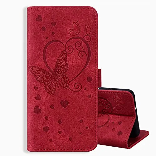 ONETHEFUL Custodia Portafoglio per Xiaomi 11T 5G / Xiaomi 11T Pro 5G Cover protettiva Libro Phone Case Flip Covers Embossed Farfalla in Finta Pelle con Stand Rosso