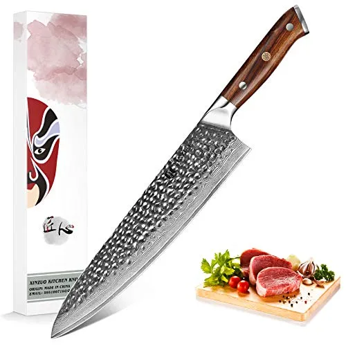 XINZUO 25.5cm Acciaio Damasco Coltello da Cuoco Coltello da Cucina Giapponese Professionale Multifunzione Coltello da Chef Affilato Gyuto -Finitura Martellata -Manico Desert Ironwood-Serie Yu