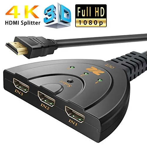 Commutatore HDMI 4K con 3 ingressi e 1 uscita, con cavo a spirale HDMI da 50 cm, supporta 4K, Full HD 1080p e 3D, adatto per HDMI, PC, proiettori, PS3, XBox, STB, lettori Blu-ray DVD e TV 4K