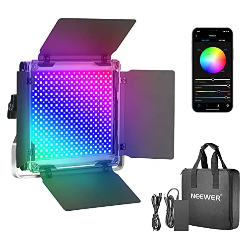 Neewer RGB Luce 660 LED SMD Controllo via APP, CRI 95, 3200-5600K, Luminosità 0% - 100%, 0-360 Colori Regolabili, 9 Condizioni Applicabili, con LCD Display, Staffa-U, Barndoor, Guscio in Metallo