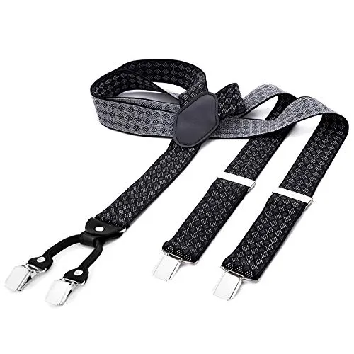 DonDon Bretelle uomo larghe 3,5 cm 4 clips in pelle a y - elastiche e regolabili, a quadrati neri grigi e bianchi