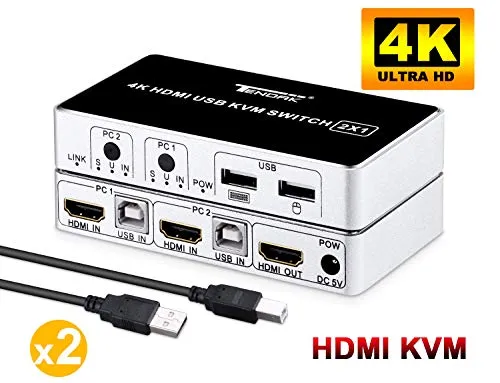 Tendak - Commutatore switch KVM HDMI per PC/portatile/Xbox/PS4/HDTV, 2 porte, per collegare tastiera/mouse, supporto 4K, 30Hz, 3D