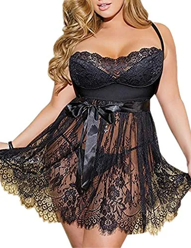 ohyeahlady Babydoll da Donna Lingerie Sexy è Traparente Biancheria Intima da Notte Regali per Lei Taglia Forti Nightwear con G-String(Nero,5XL)