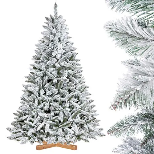 FairyTrees Albero di Natale Artificiale in Abete Rosso/peccio, Naturale innevato, PVC, Supporto in Legno, 180cm, FT13-180