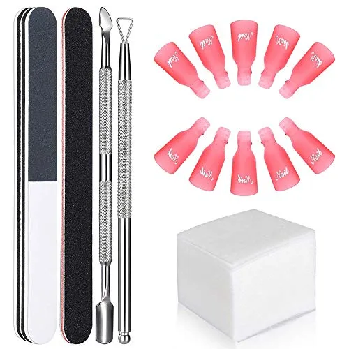 GeekerChip Kit Rimozione Smalto Semipermanente Clip,10xClip per Dita,100xTamponi di Cotone,2xLime per Unghie,1xCuretta,1xSpingi Cuticole Raschietto